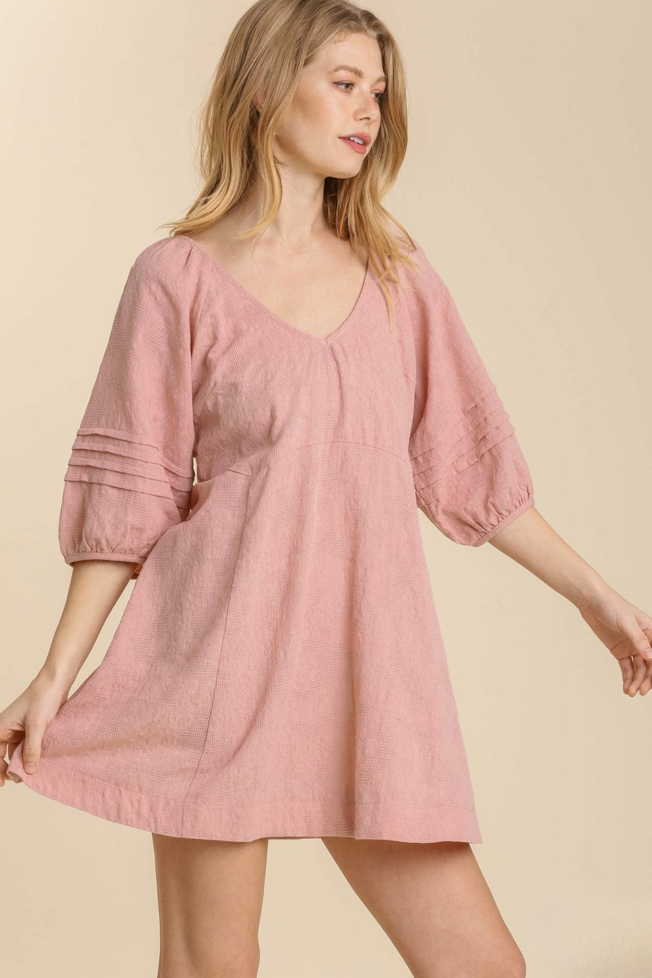 Pleated V-Neck Puff Sleeve Dress with Back Tie