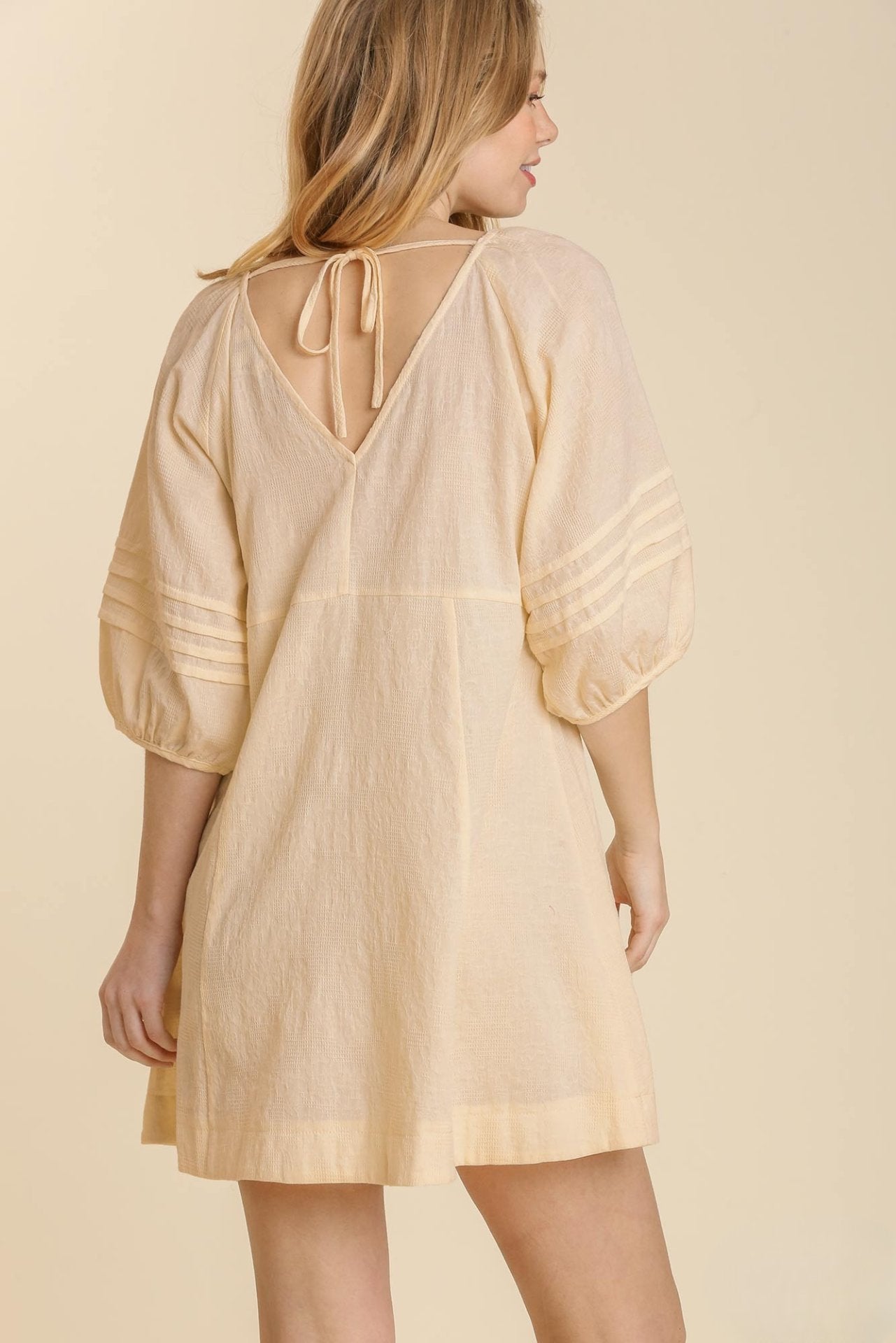 Pleated V-Neck Puff Sleeve Dress with Back Tie