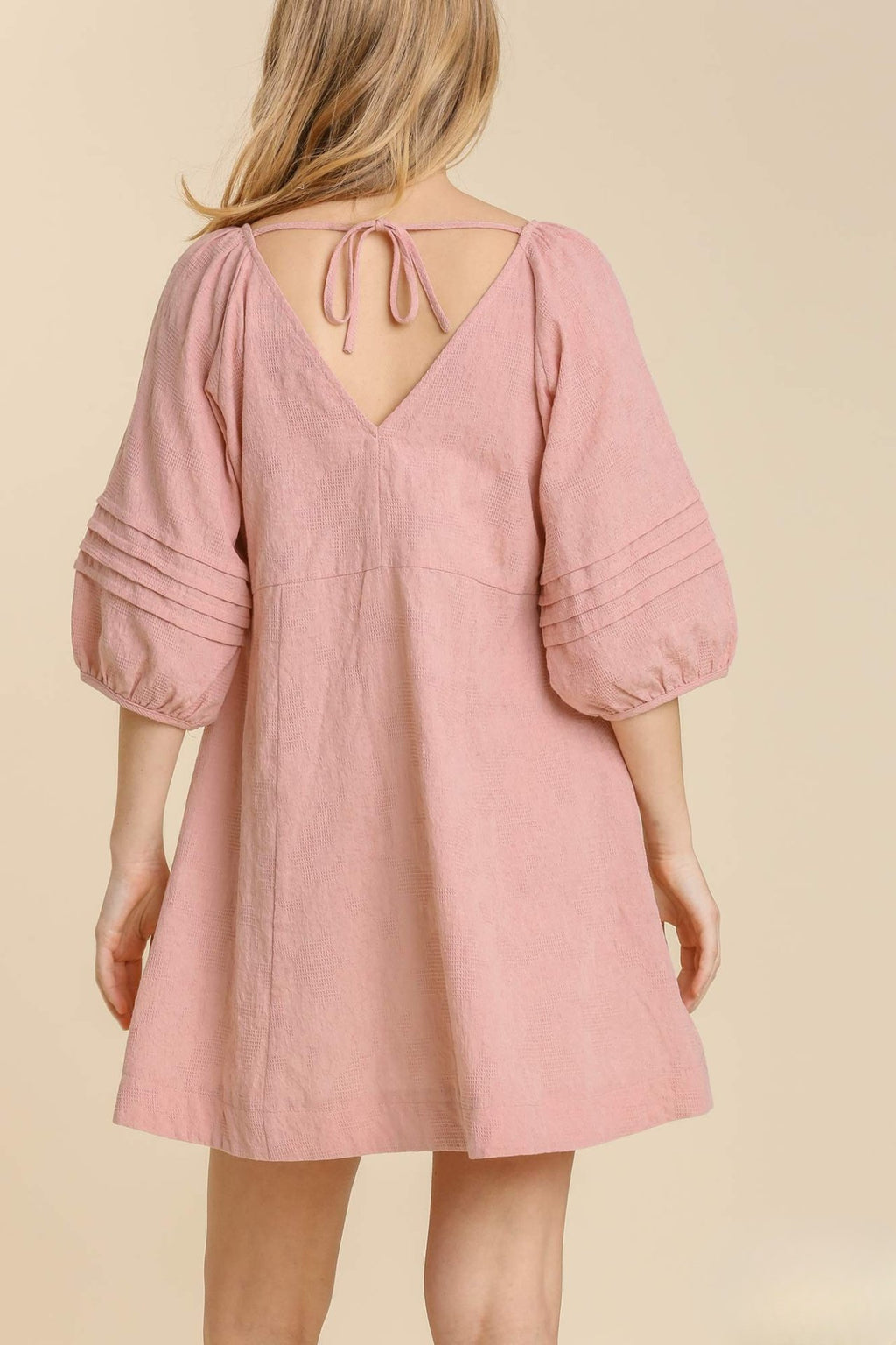 Pleated V-Neck Puff Sleeve Dress with Back Tie