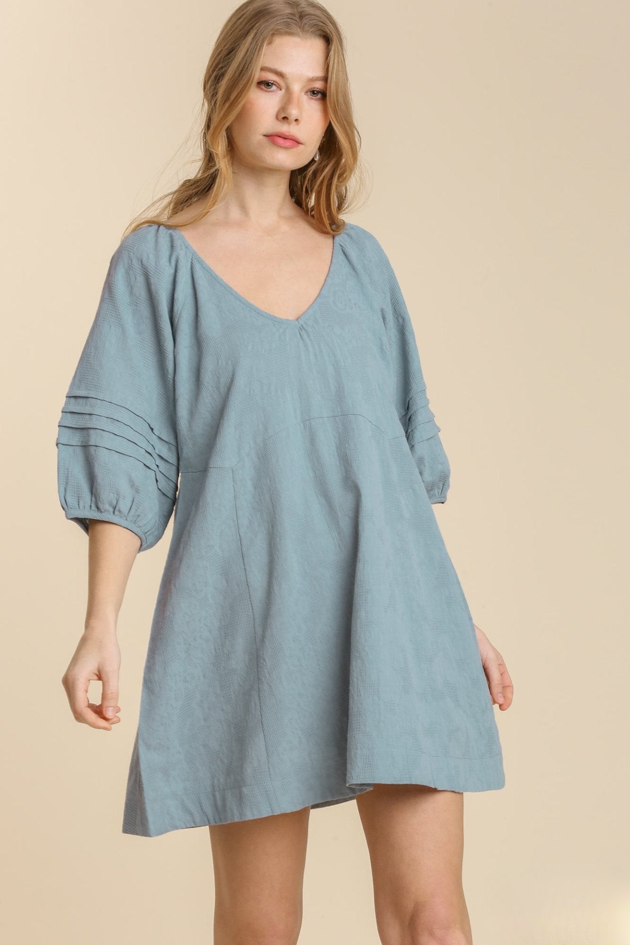 Pleated V-Neck Puff Sleeve Dress with Back Tie