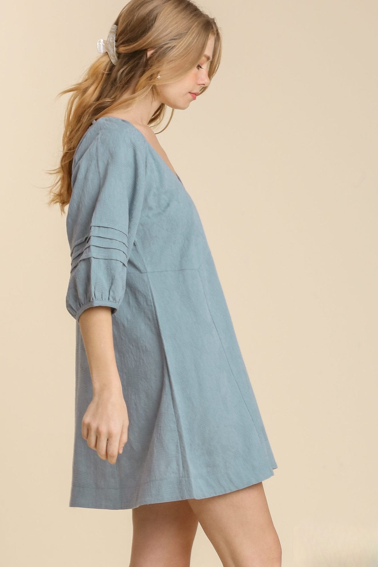 Pleated V-Neck Puff Sleeve Dress with Back Tie