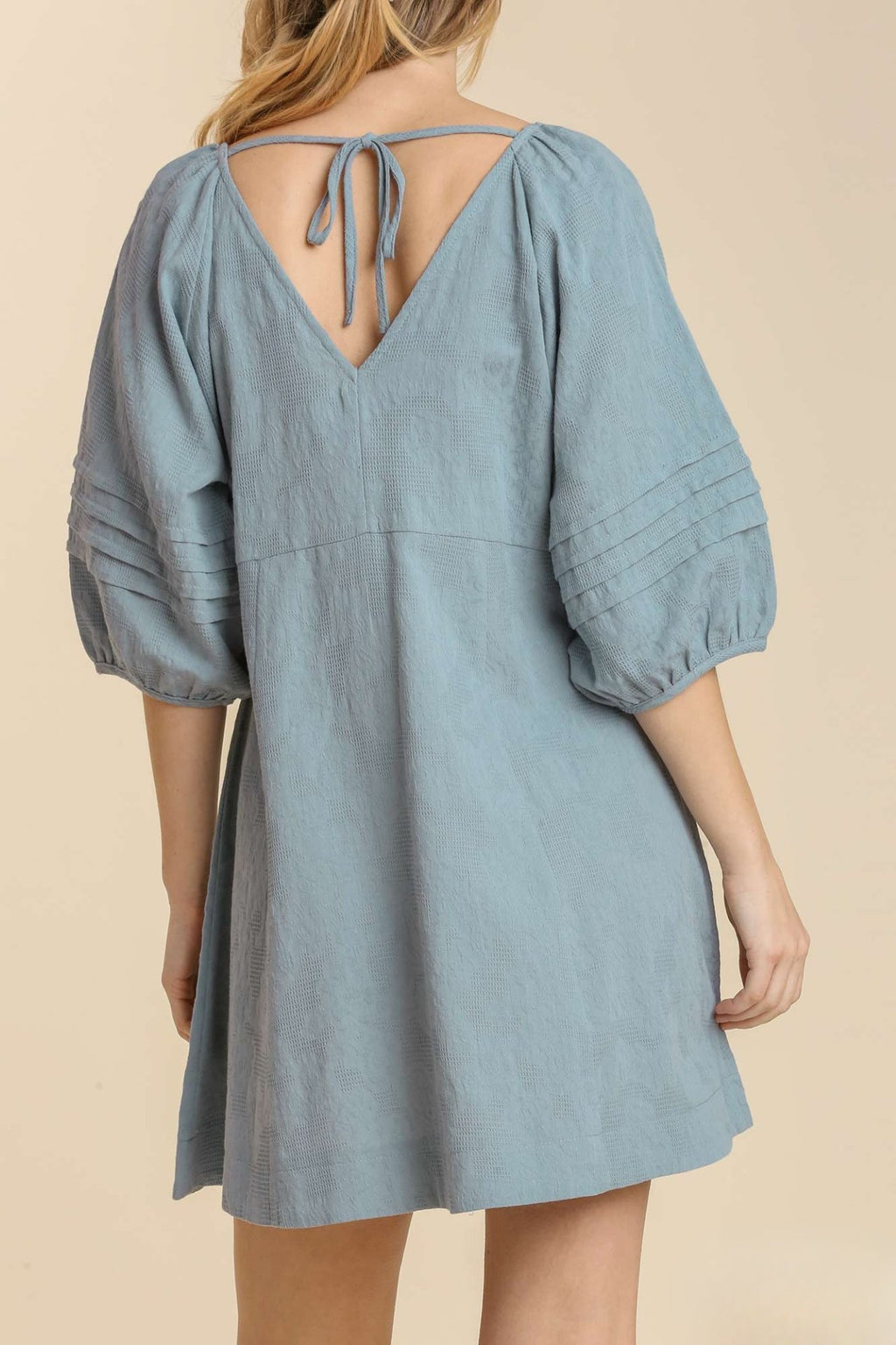 Pleated V-Neck Puff Sleeve Dress with Back Tie