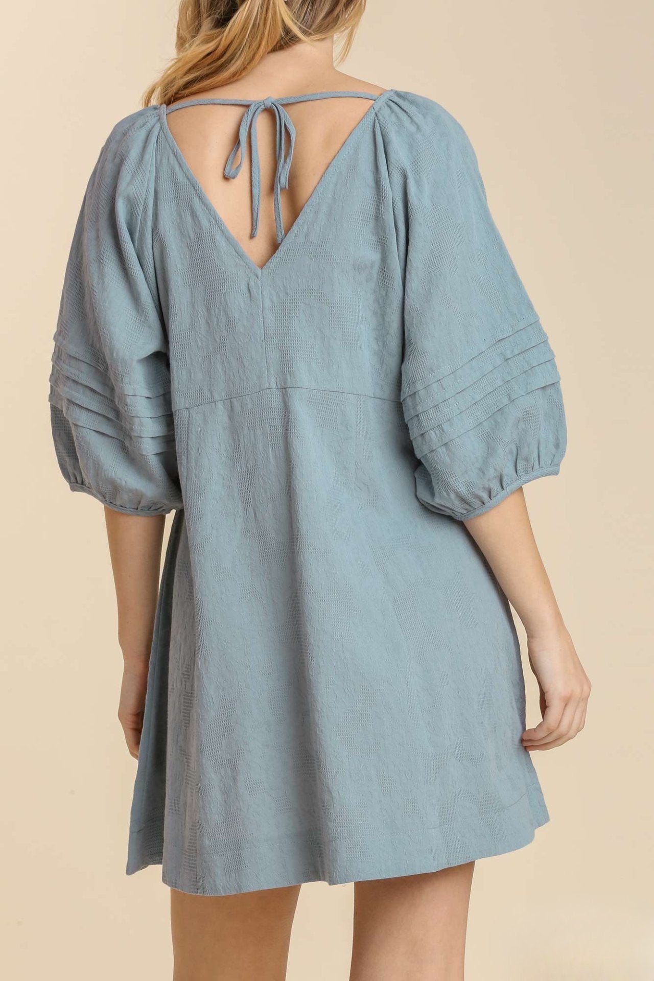 Pleated V-Neck Puff Sleeve Dress with Back Tie
