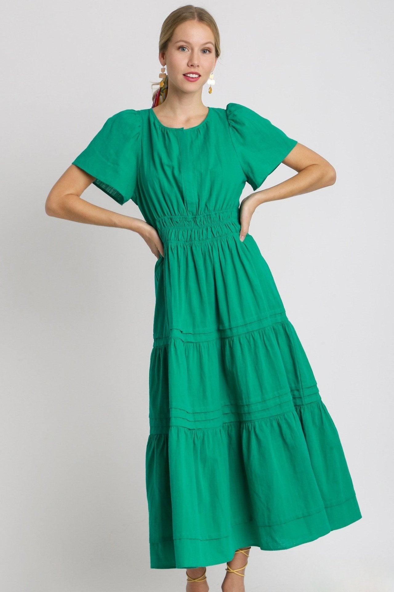 Jade Green Smocked Waist Tiered Maxi Dress