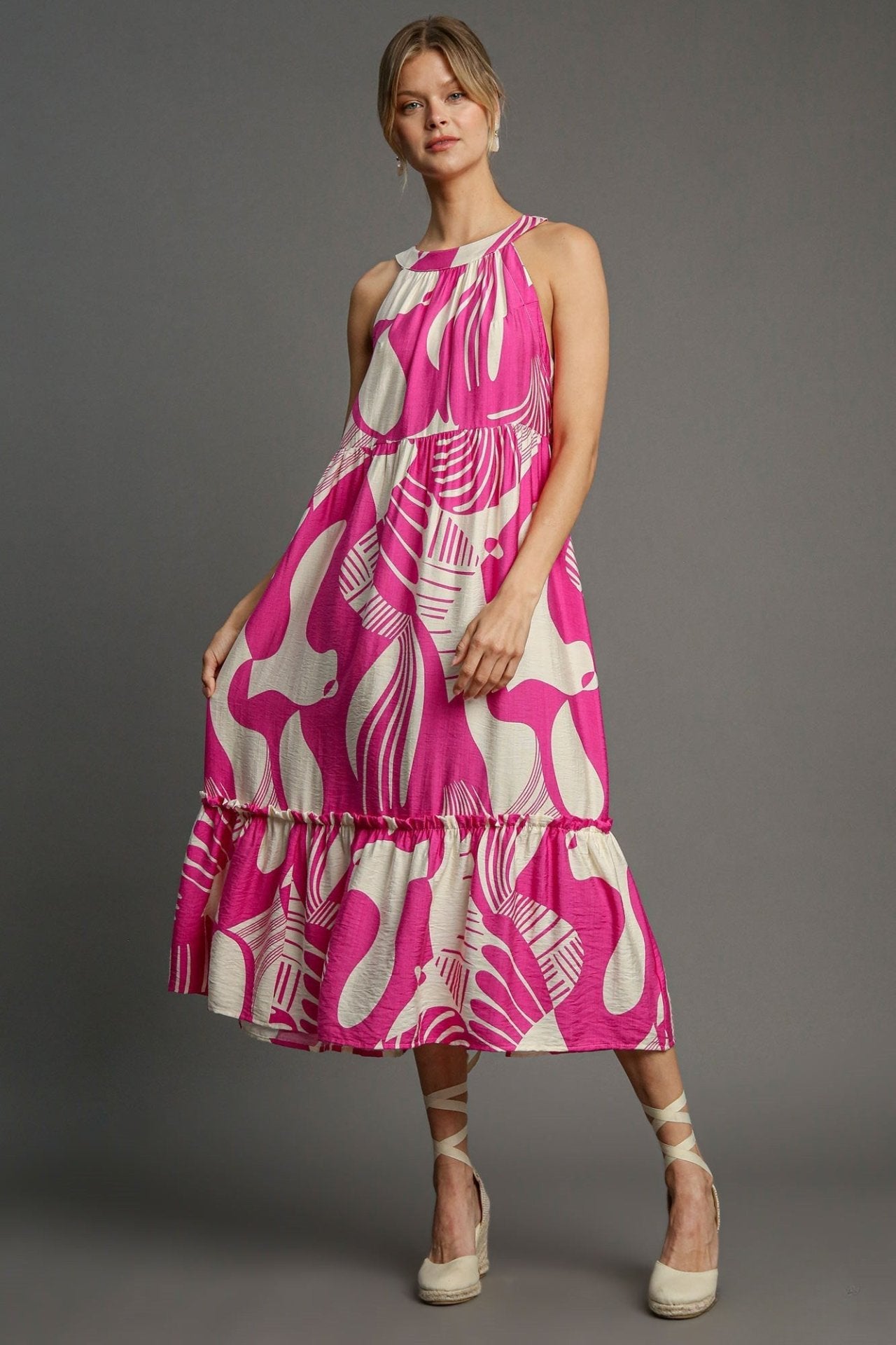 Halter Neck Sleeveless Two Tone Midi Dress