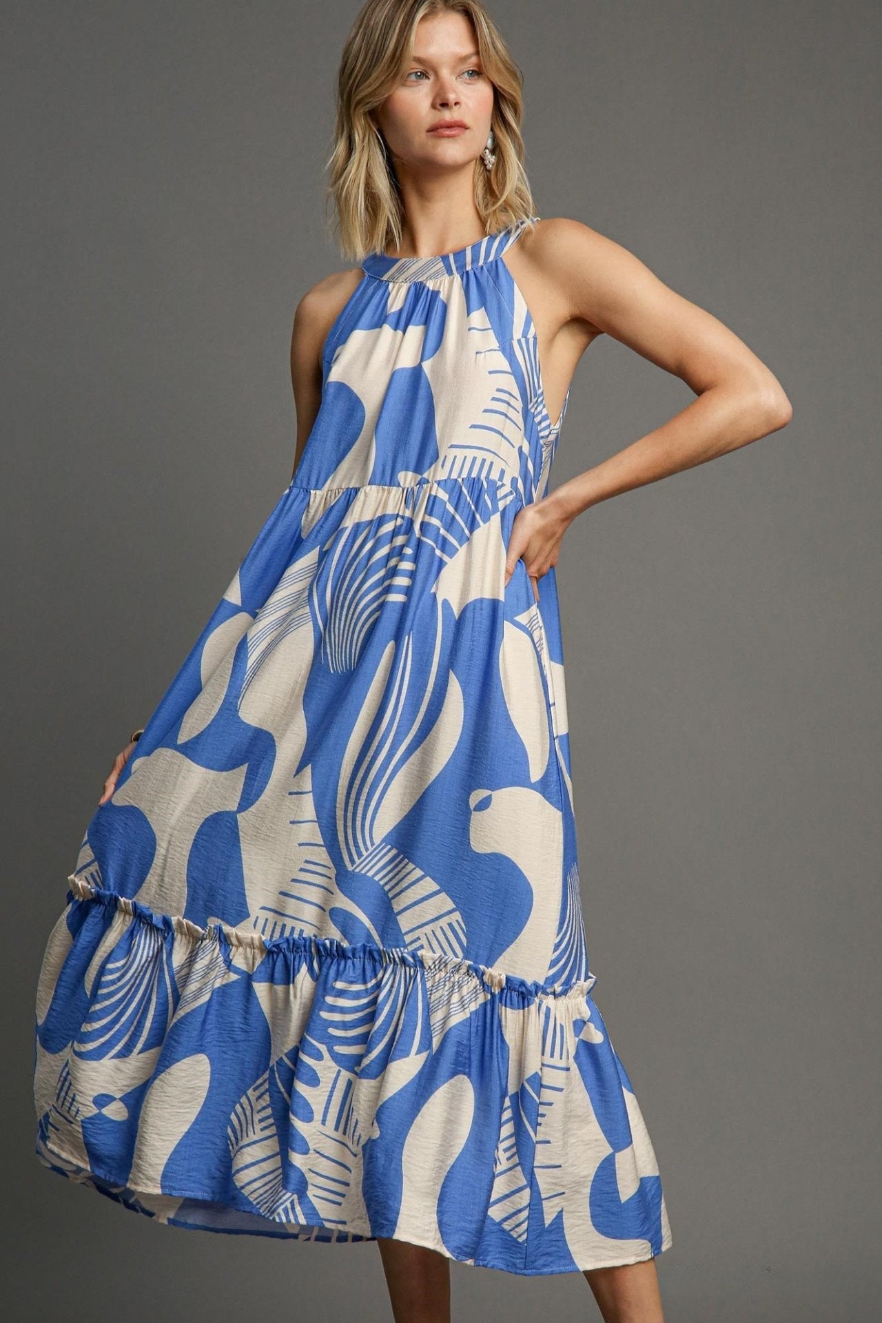 Halter Neck Sleeveless Two Tone Midi Dress