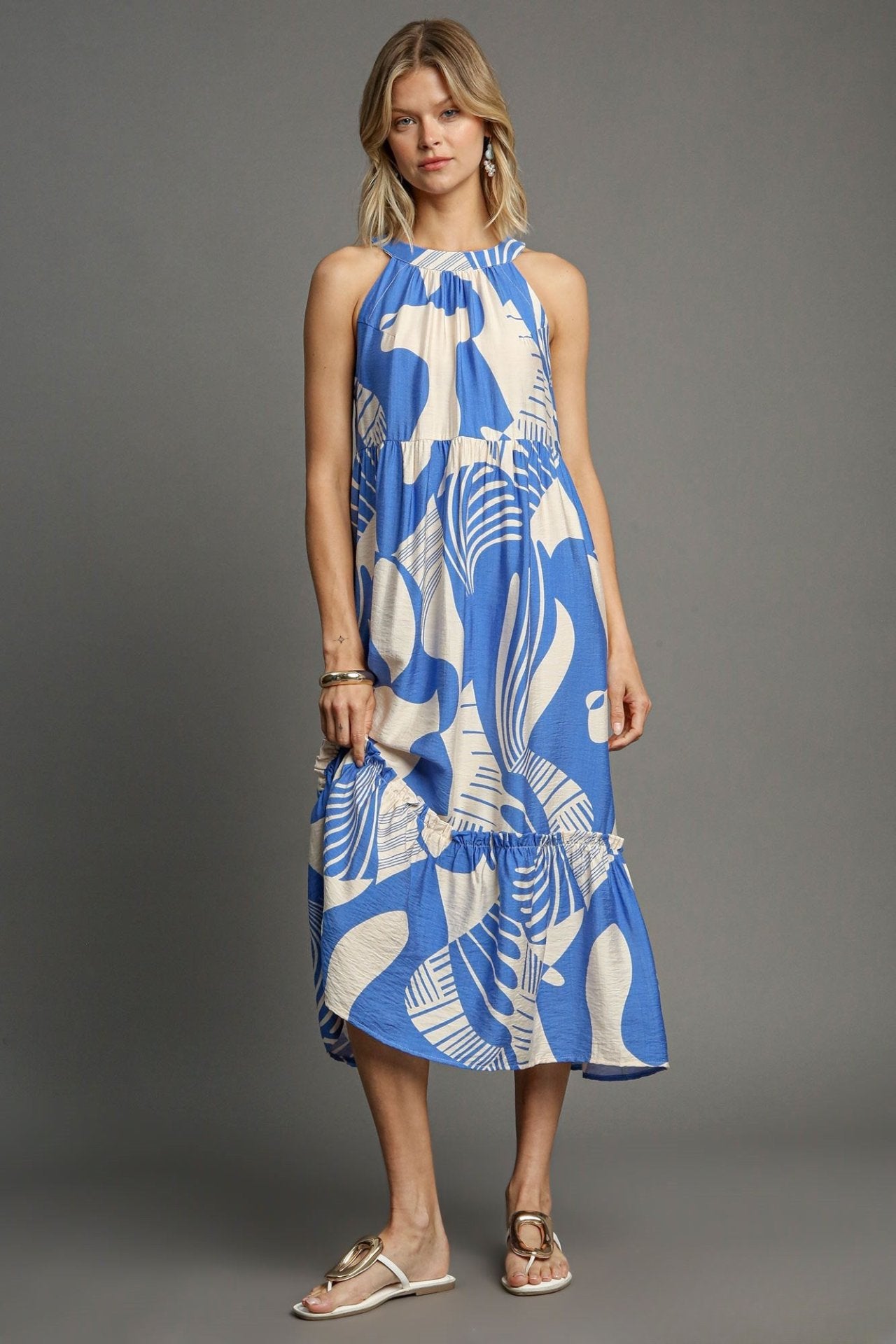 Halter Neck Sleeveless Two Tone Midi Dress