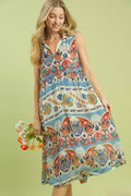 Bohemian Floral Sleeveless Midi Dress