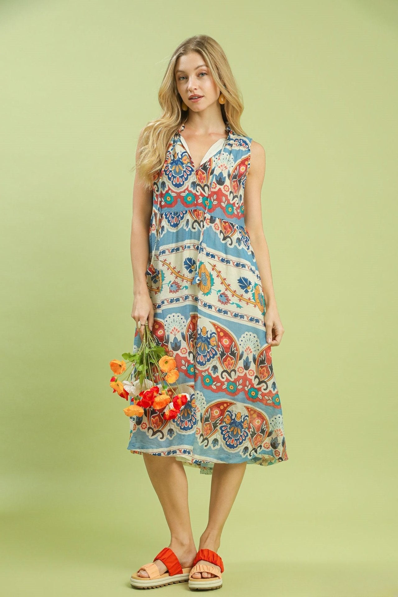 Bohemian Floral Sleeveless Midi Dress