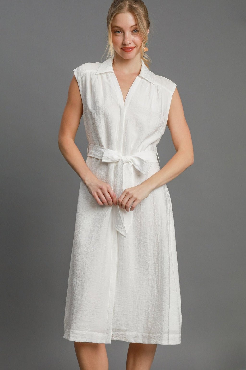 White Crinkled Sleeveless Midi Dress