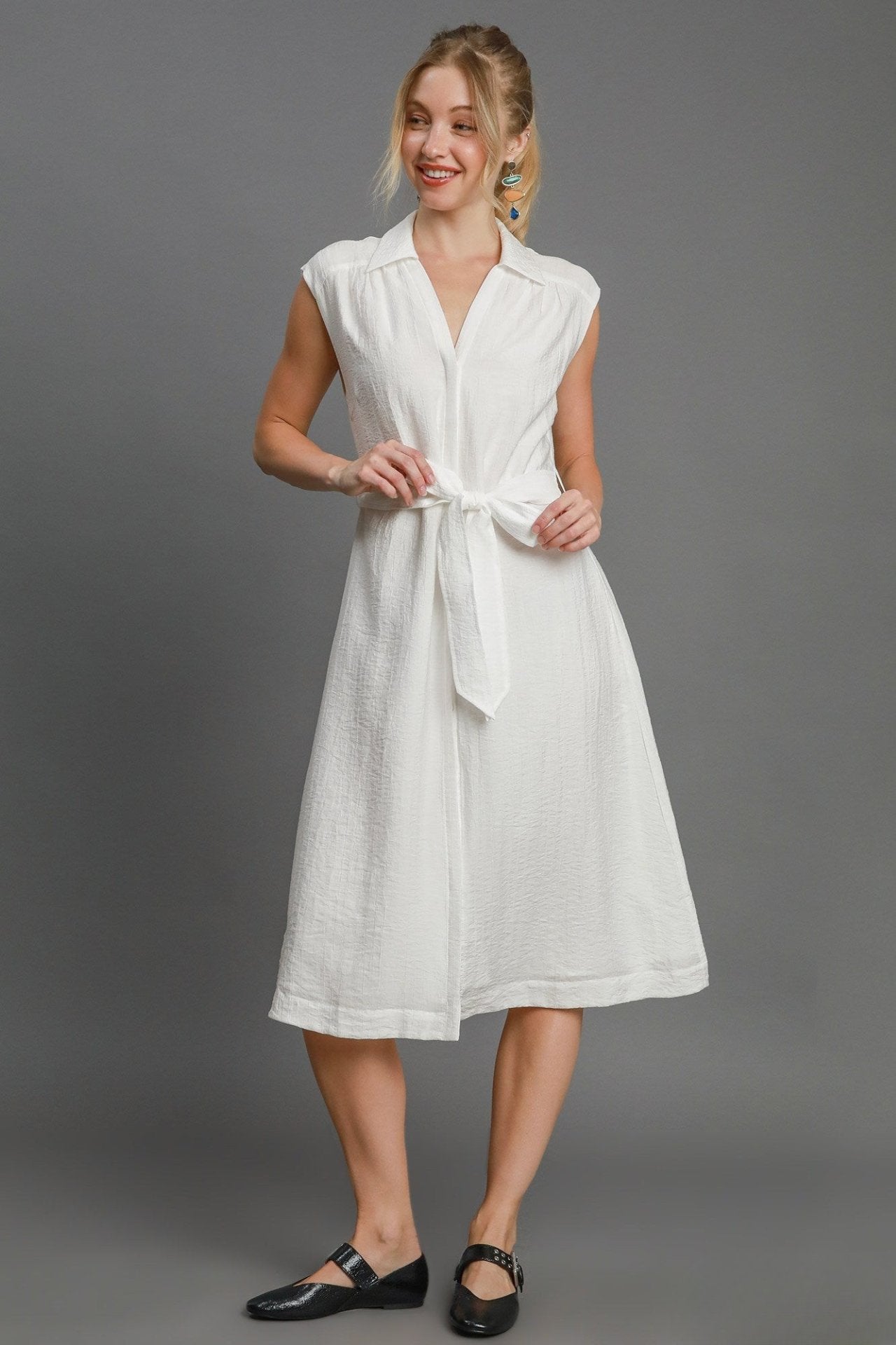 White Crinkled Sleeveless Midi Dress