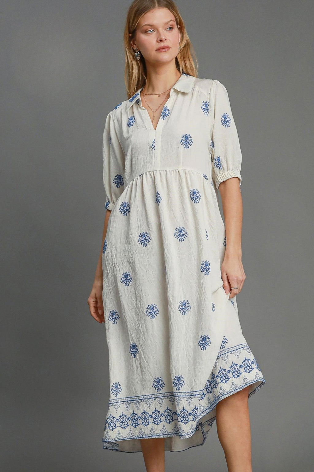 Embroidered Azure Bloom Midi Dress