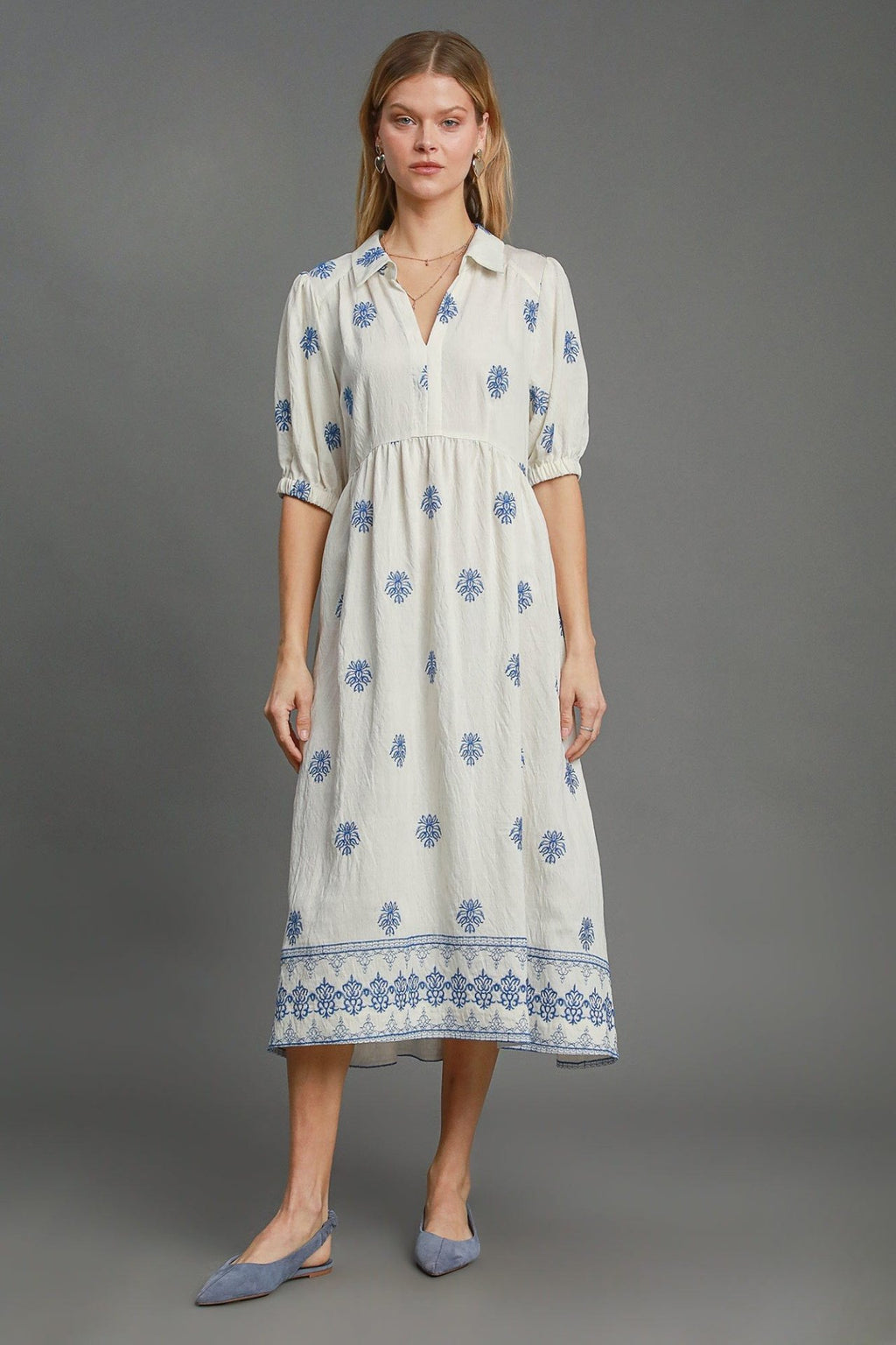 Embroidered Azure Bloom Midi Dress