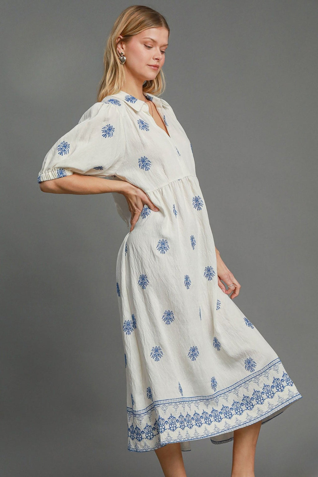 Embroidered Azure Bloom Midi Dress