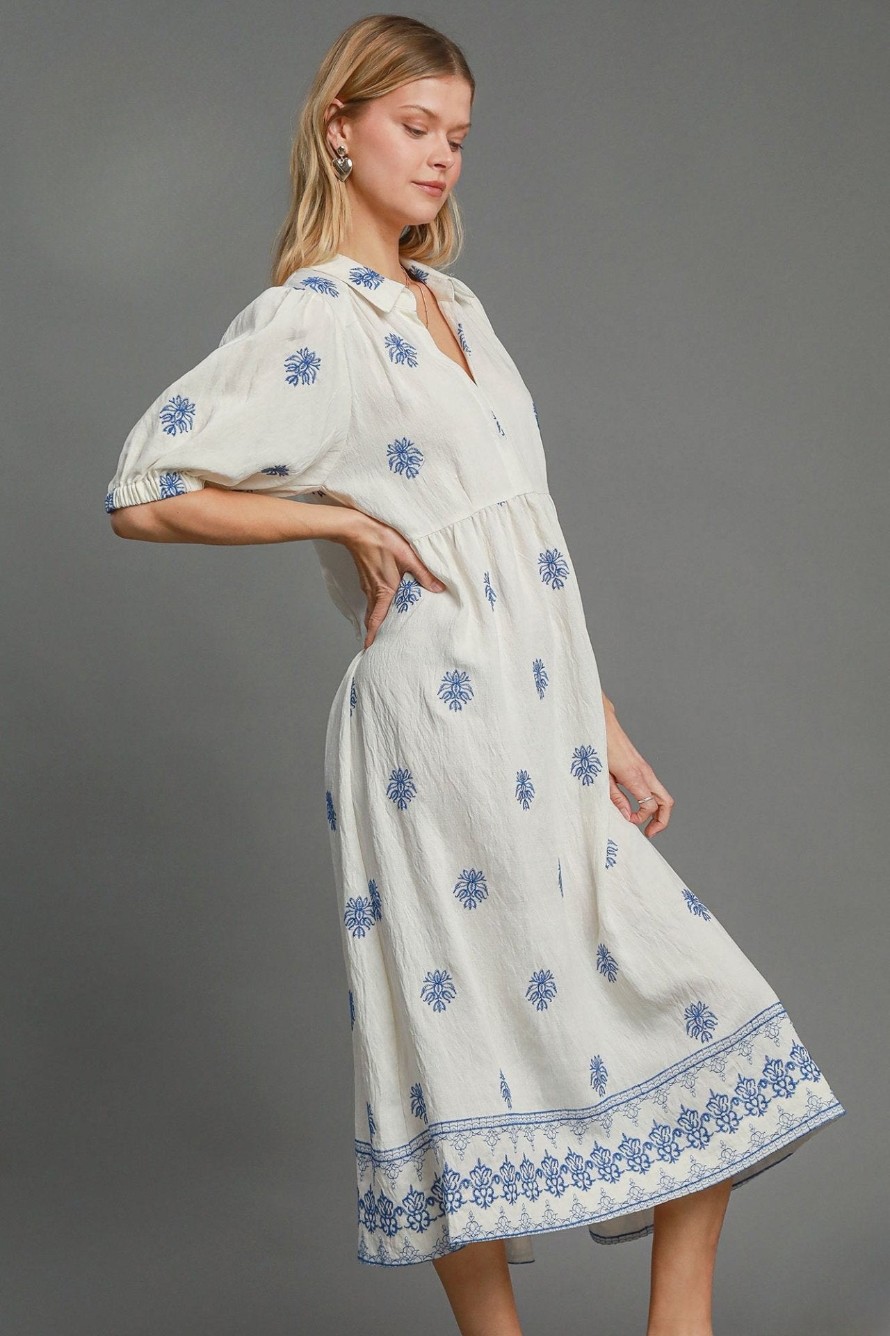 Embroidered Azure Bloom Midi Dress