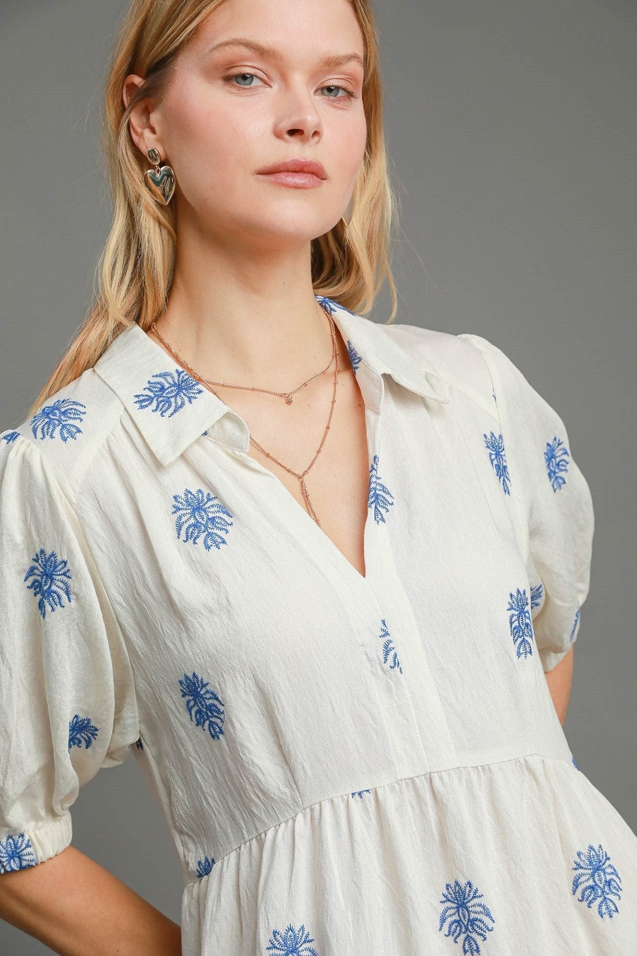Embroidered Azure Bloom Midi Dress