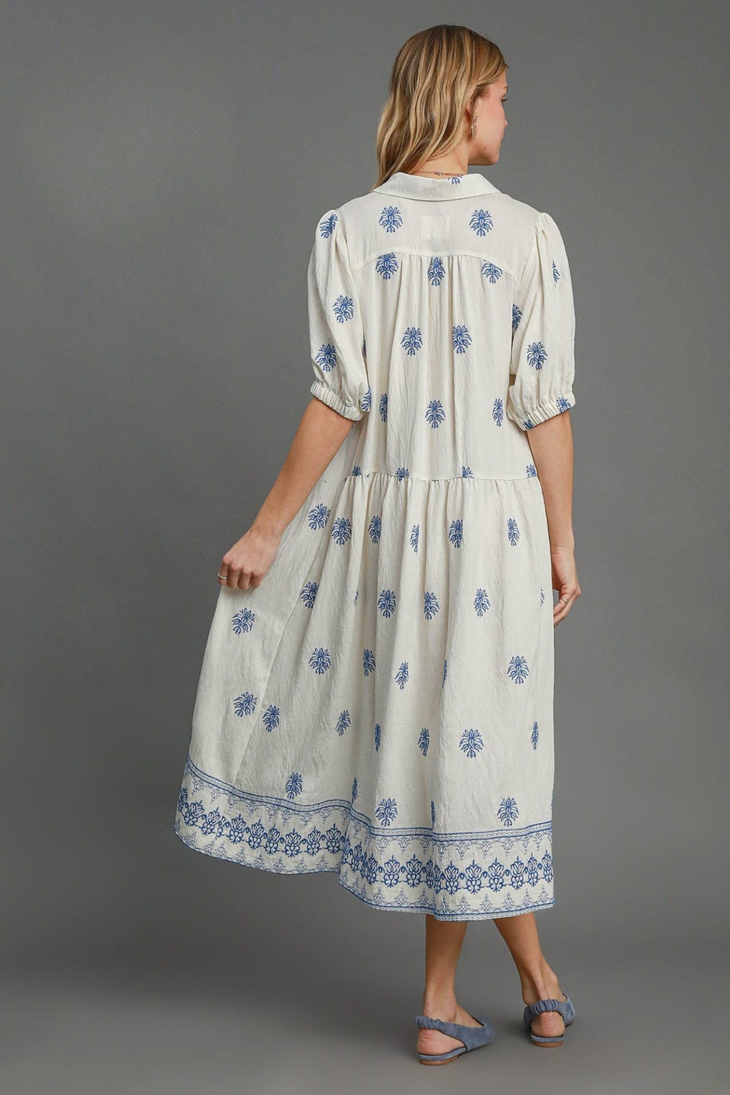 Embroidered Azure Bloom Midi Dress