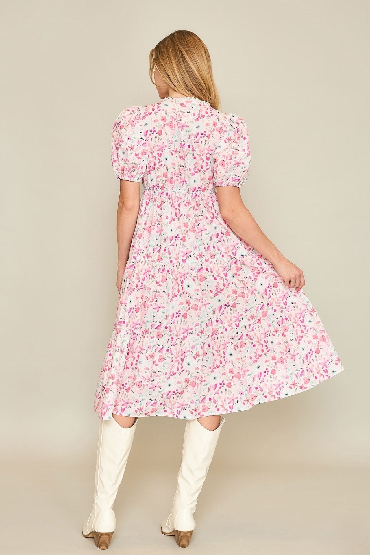 Puff Sleeves Tiered Floral Print Midi Dress