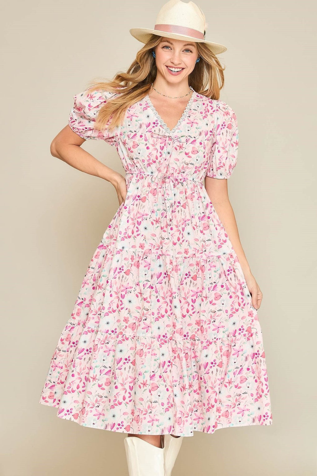 Puff Sleeves Tiered Floral Print Midi Dress