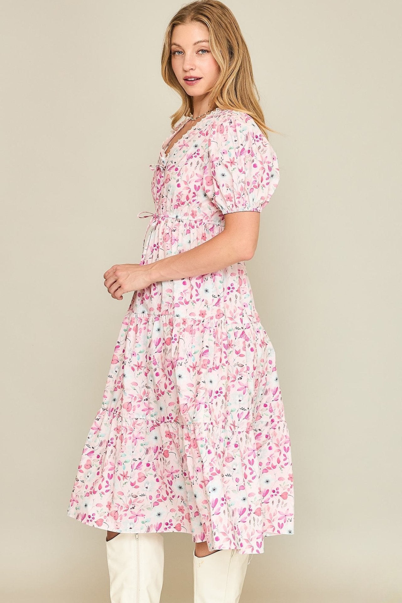 Puff Sleeves Tiered Floral Print Midi Dress