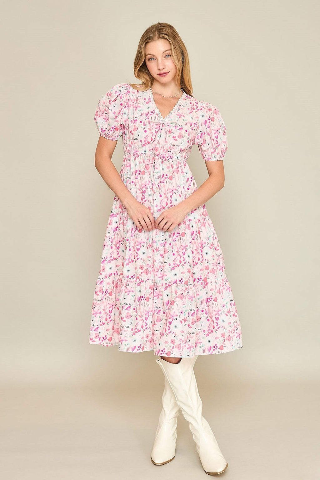 Puff Sleeves Tiered Floral Print Midi Dress