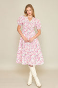 Puff Sleeves Tiered Floral Print Midi Dress