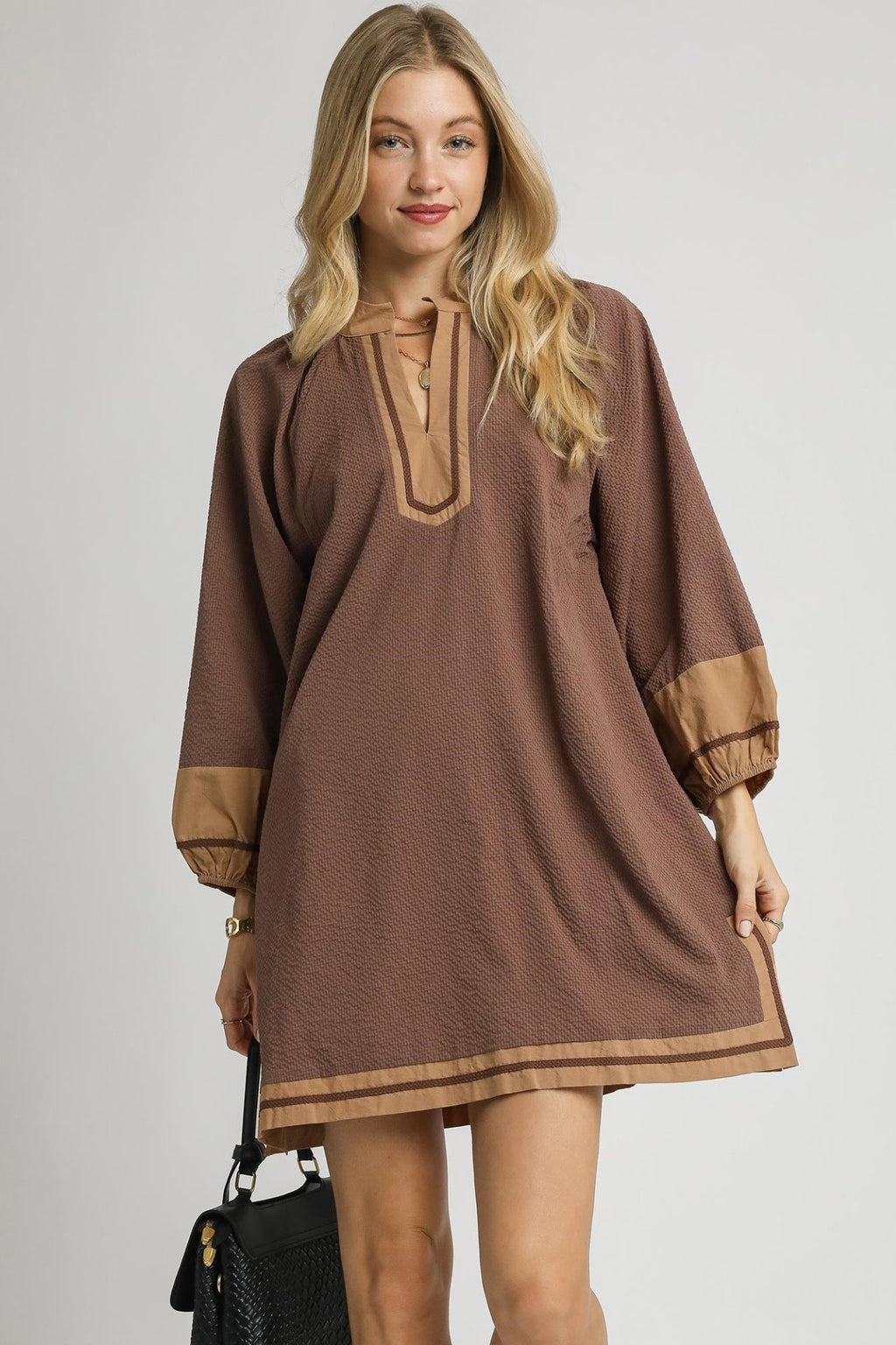 Brown Trim V-Neck Tunic Dress
