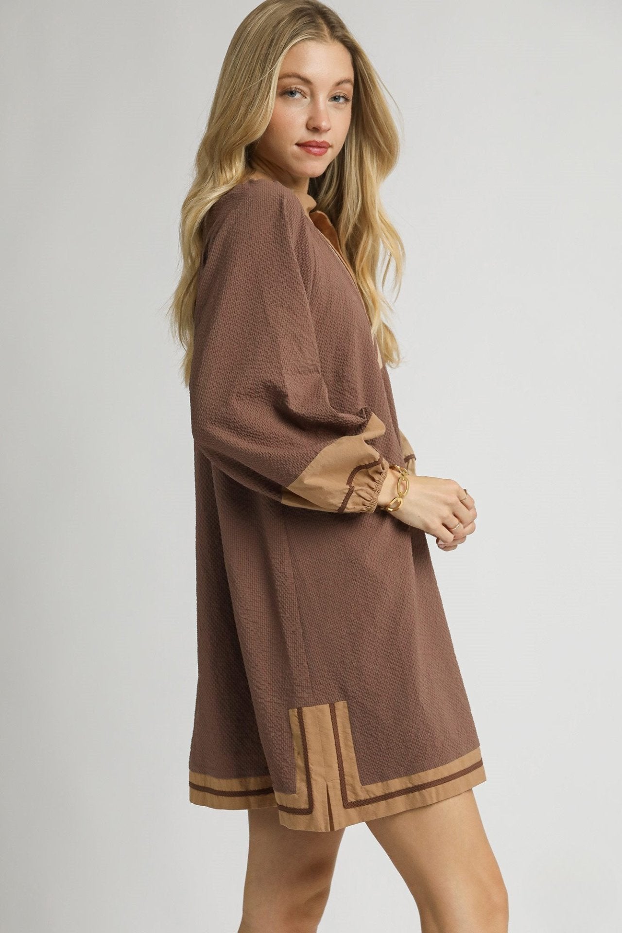 Brown Trim V-Neck Tunic Dress