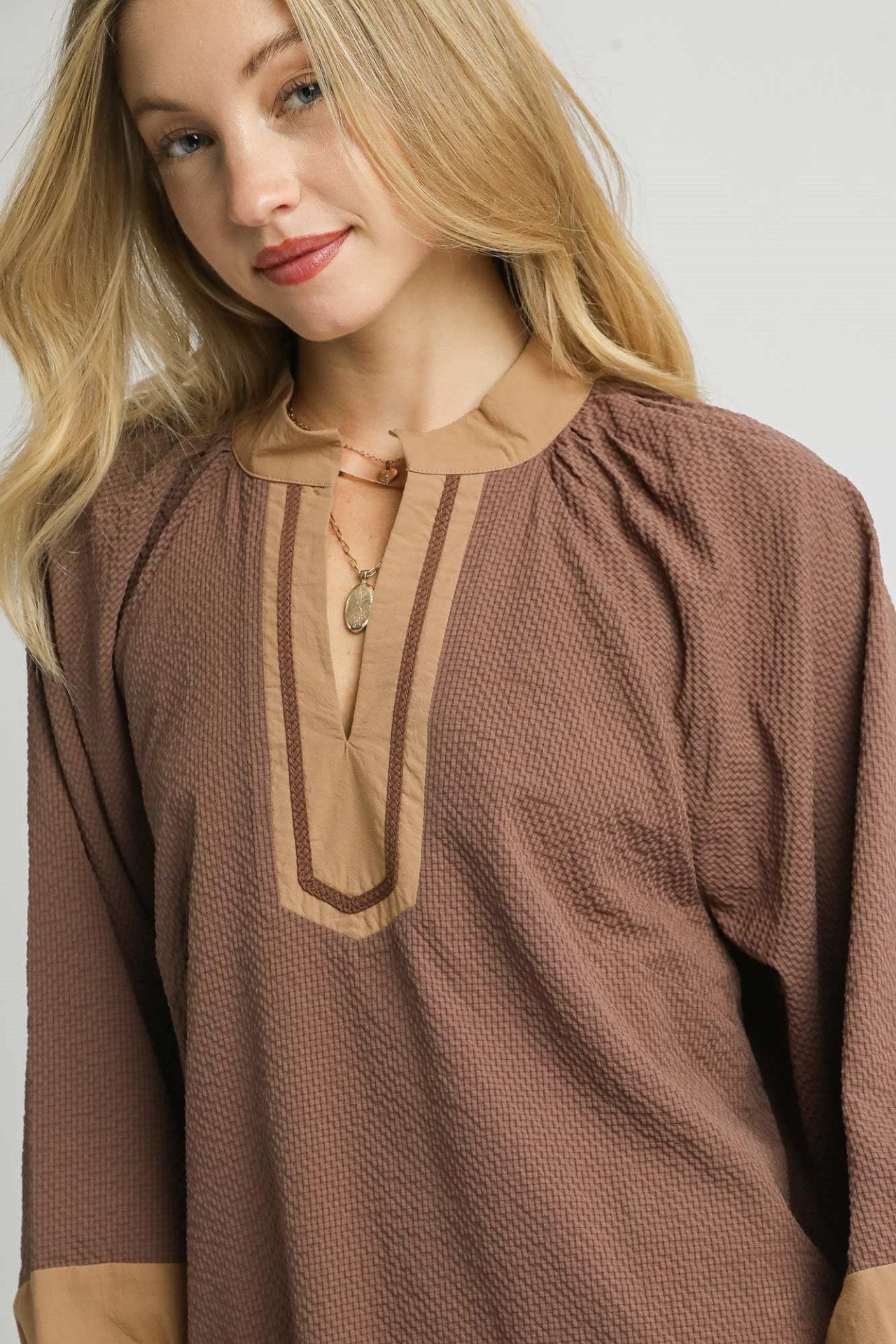 Brown Trim V-Neck Tunic Dress
