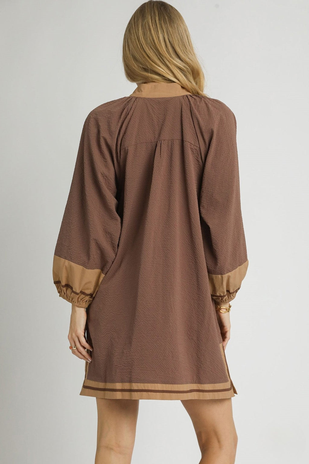 Brown Trim V-Neck Tunic Dress