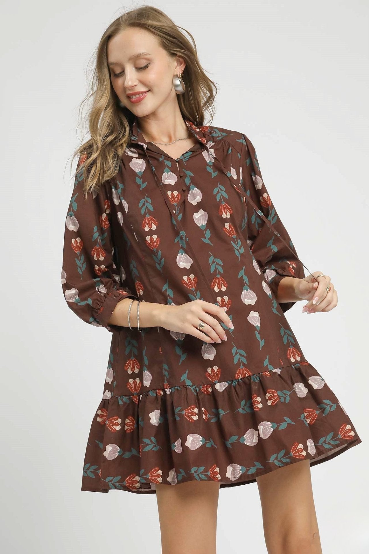 Brown Floral Tiered Mini Dress