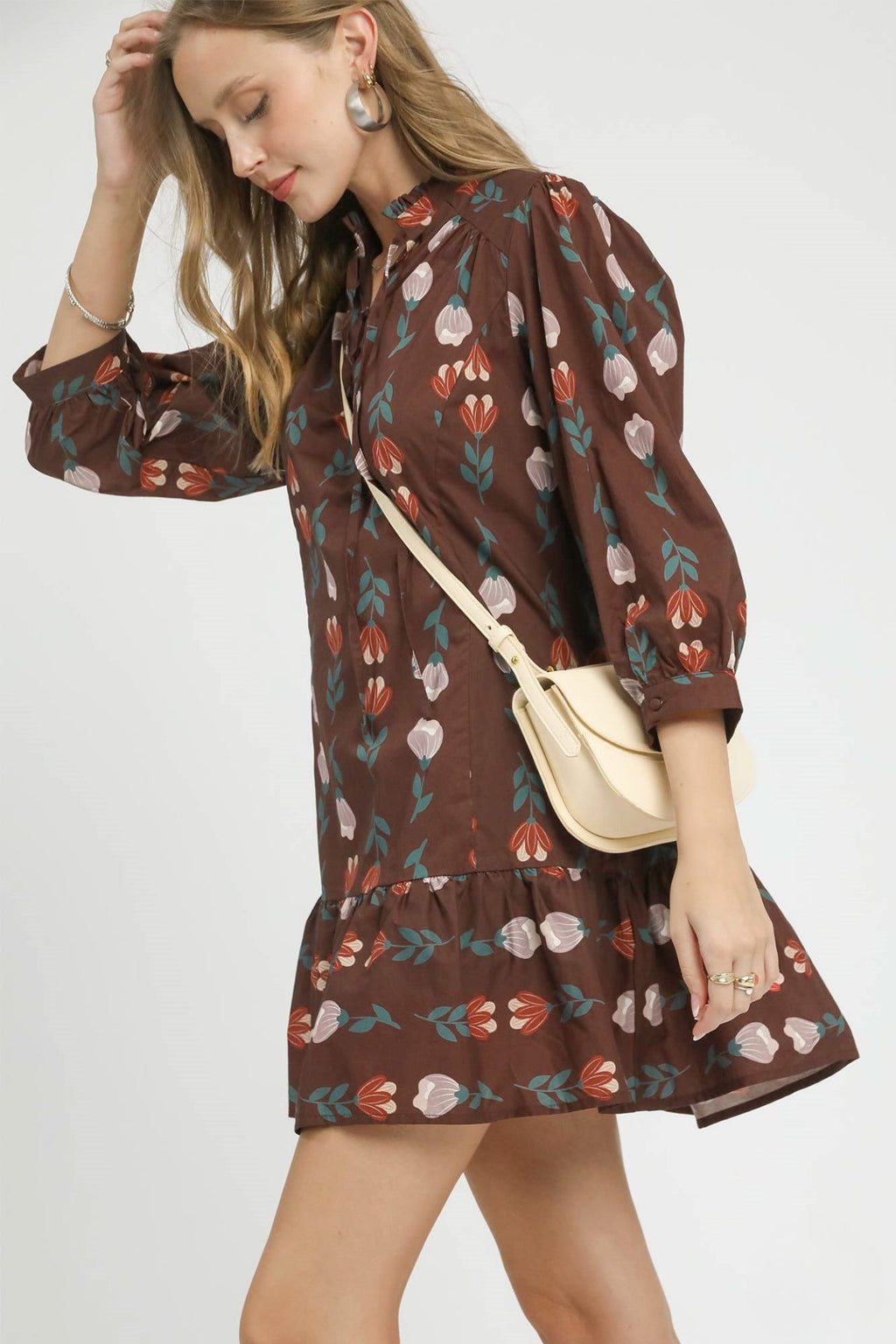 Brown Floral Tiered Mini Dress
