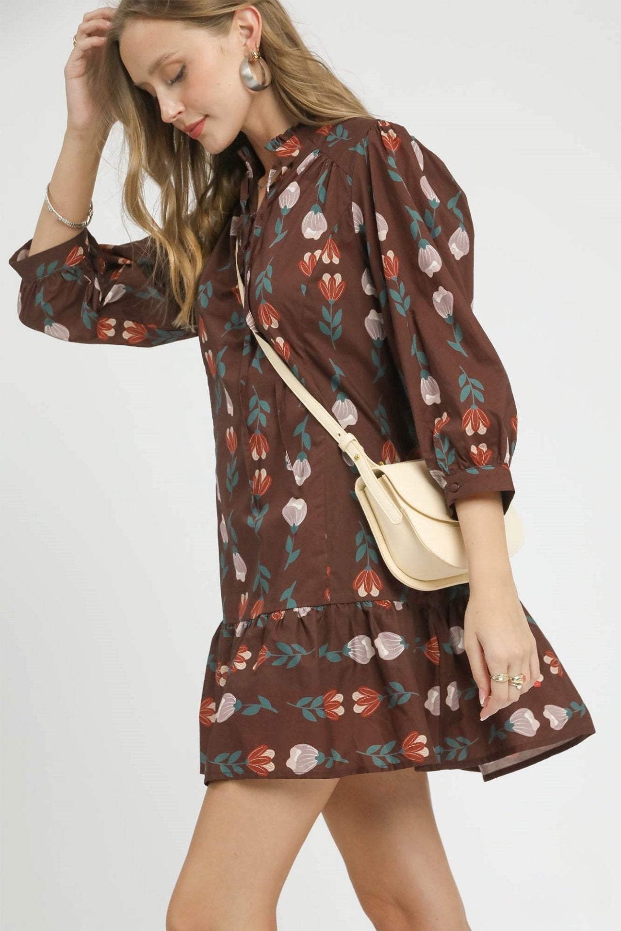 Brown Floral Tiered Mini Dress
