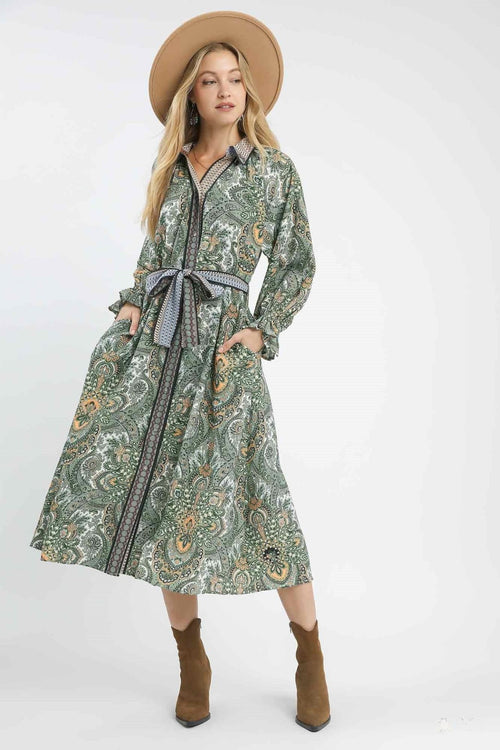 Belted Paisley Midi Dress
