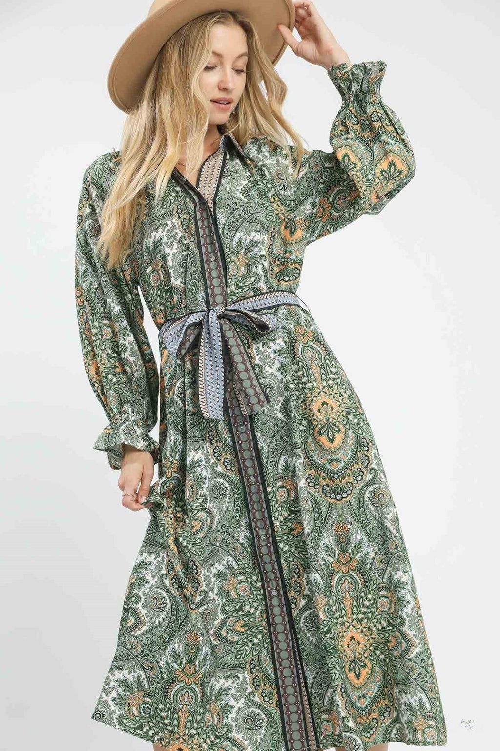 Belted Paisley Midi Dress
