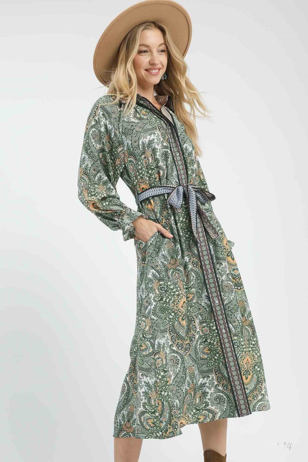 Belted Paisley Midi Dress