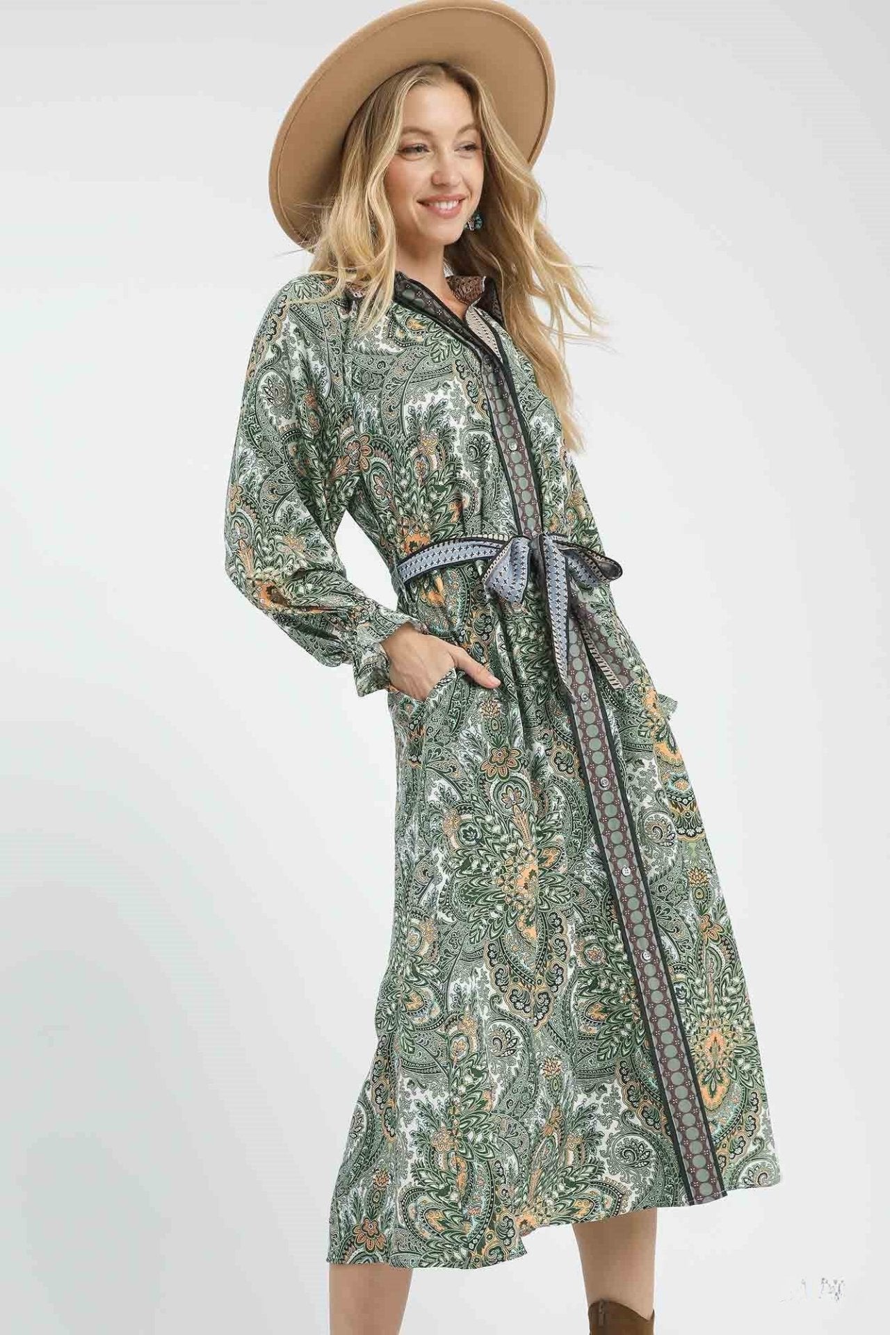 Belted Paisley Midi Dress