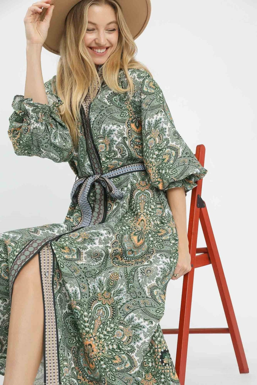 Belted Paisley Midi Dress