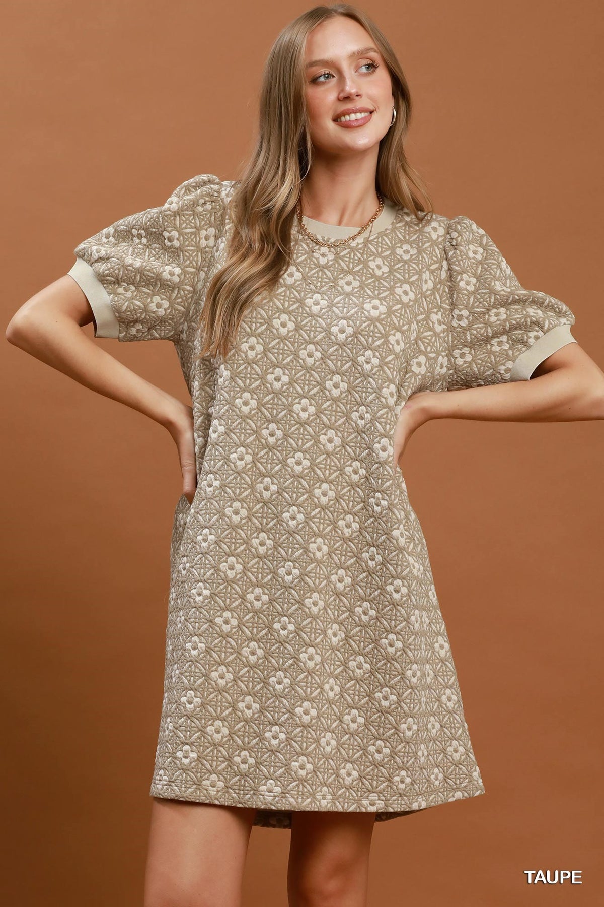 Rust Floral Textured Shift Mini Dress with Puff Sleeves