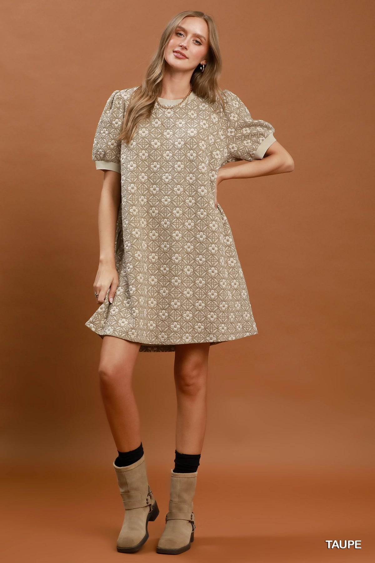 Rust Floral Textured Shift Mini Dress with Puff Sleeves