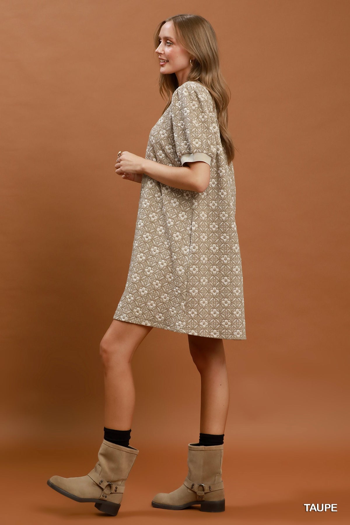 Rust Floral Textured Shift Mini Dress with Puff Sleeves