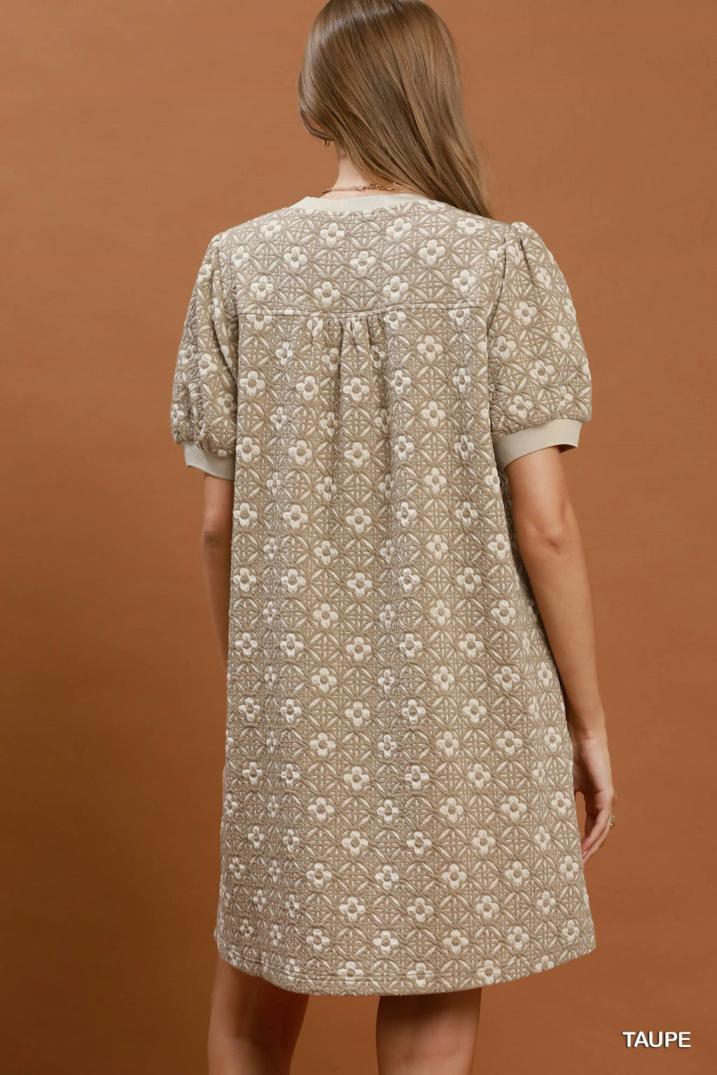Rust Floral Textured Shift Mini Dress with Puff Sleeves
