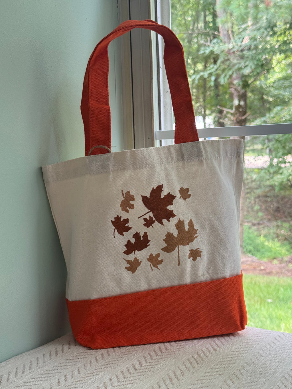 Fall Vibe Canvas Tote Bag, Leaf Pattern & Orange Handles