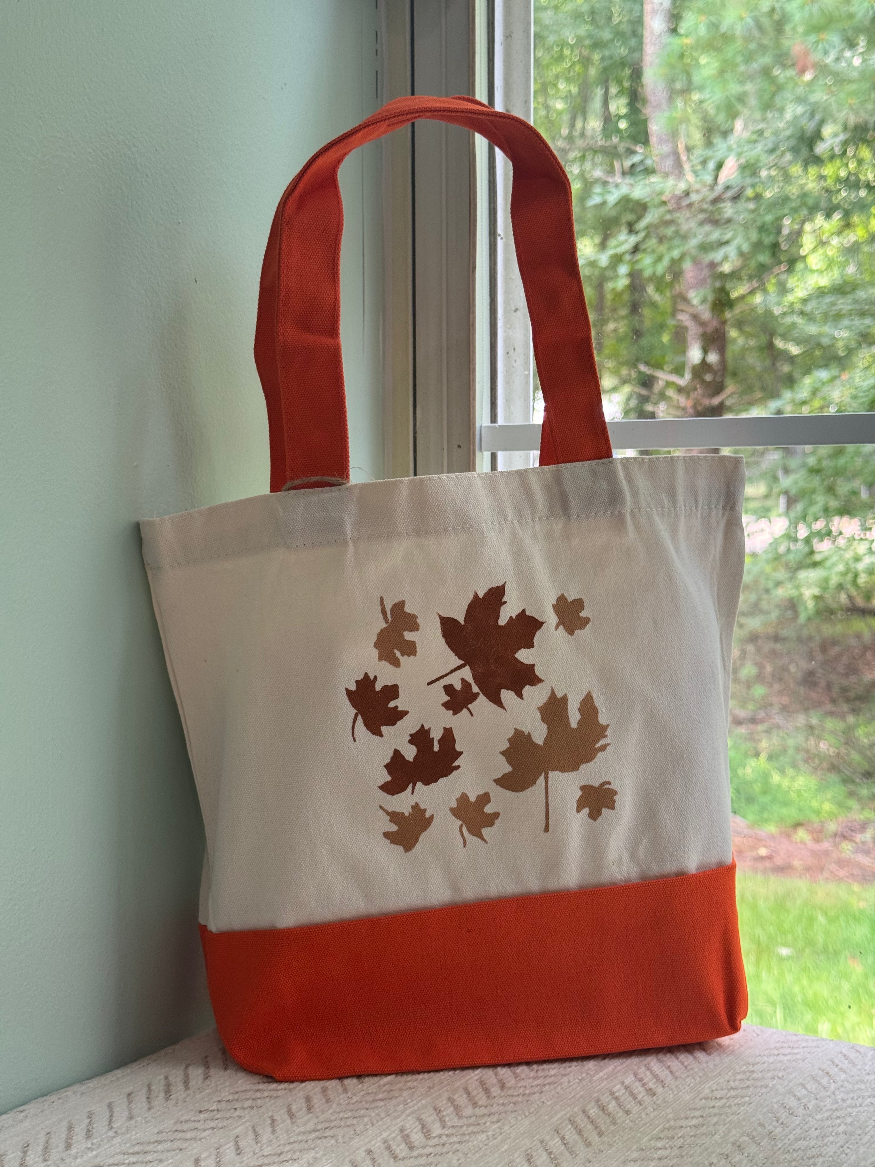 Fall Vibe Canvas Tote Bag, Leaf Pattern & Orange Handles