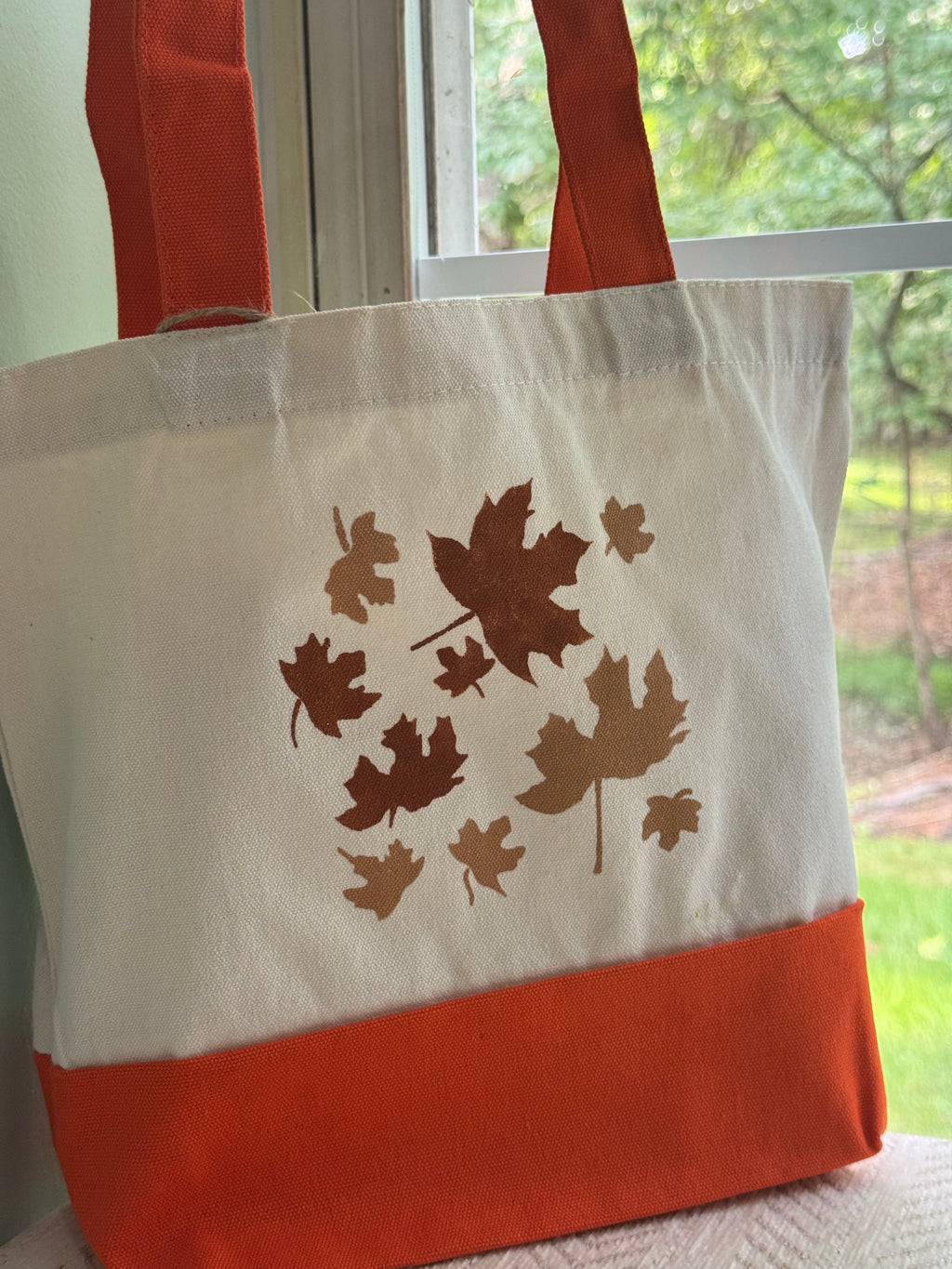 Fall Vibe Canvas Tote Bag, Leaf Pattern & Orange Handles
