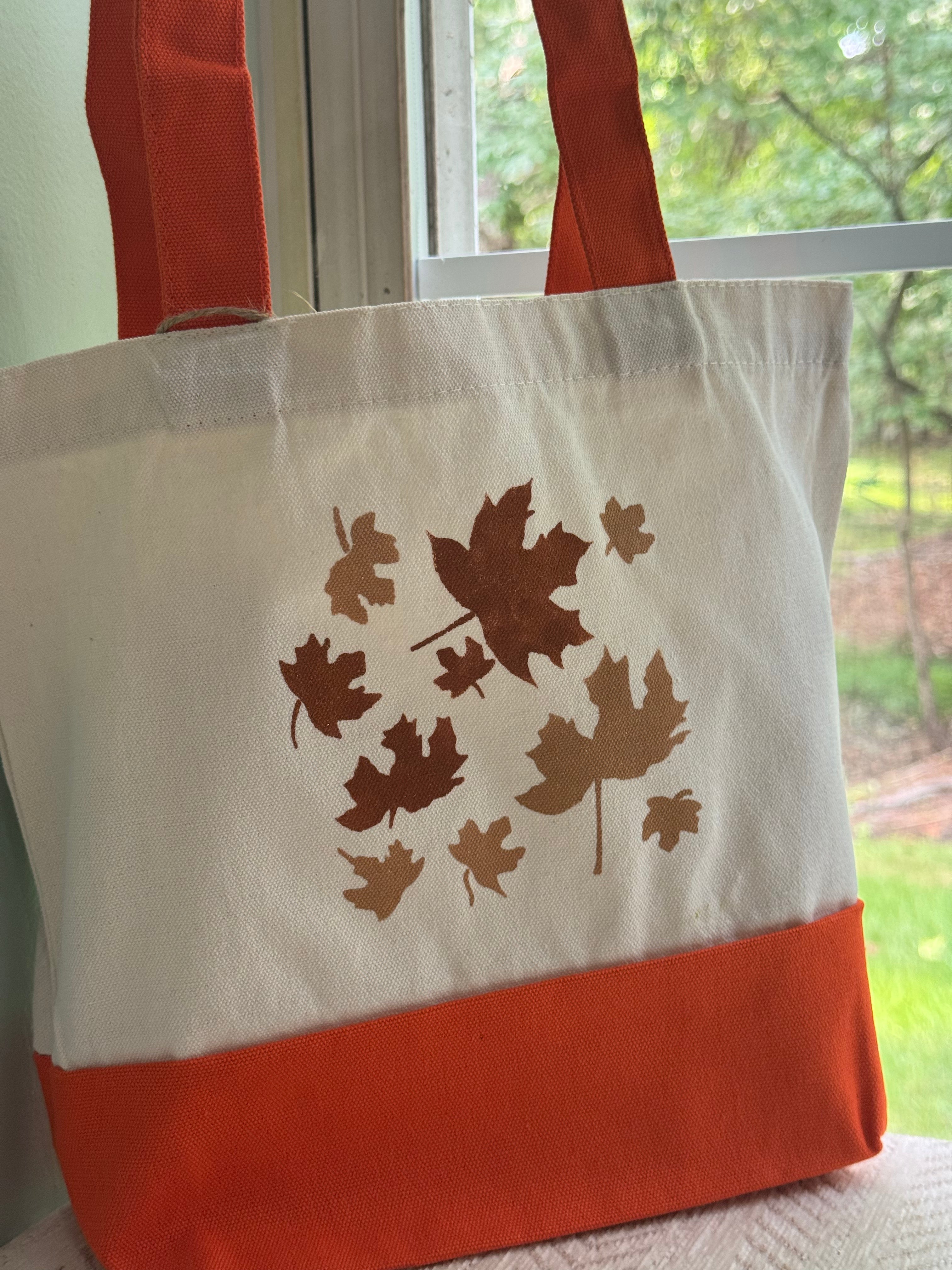 Fall Vibe Canvas Tote Bag, Leaf Pattern & Orange Handles