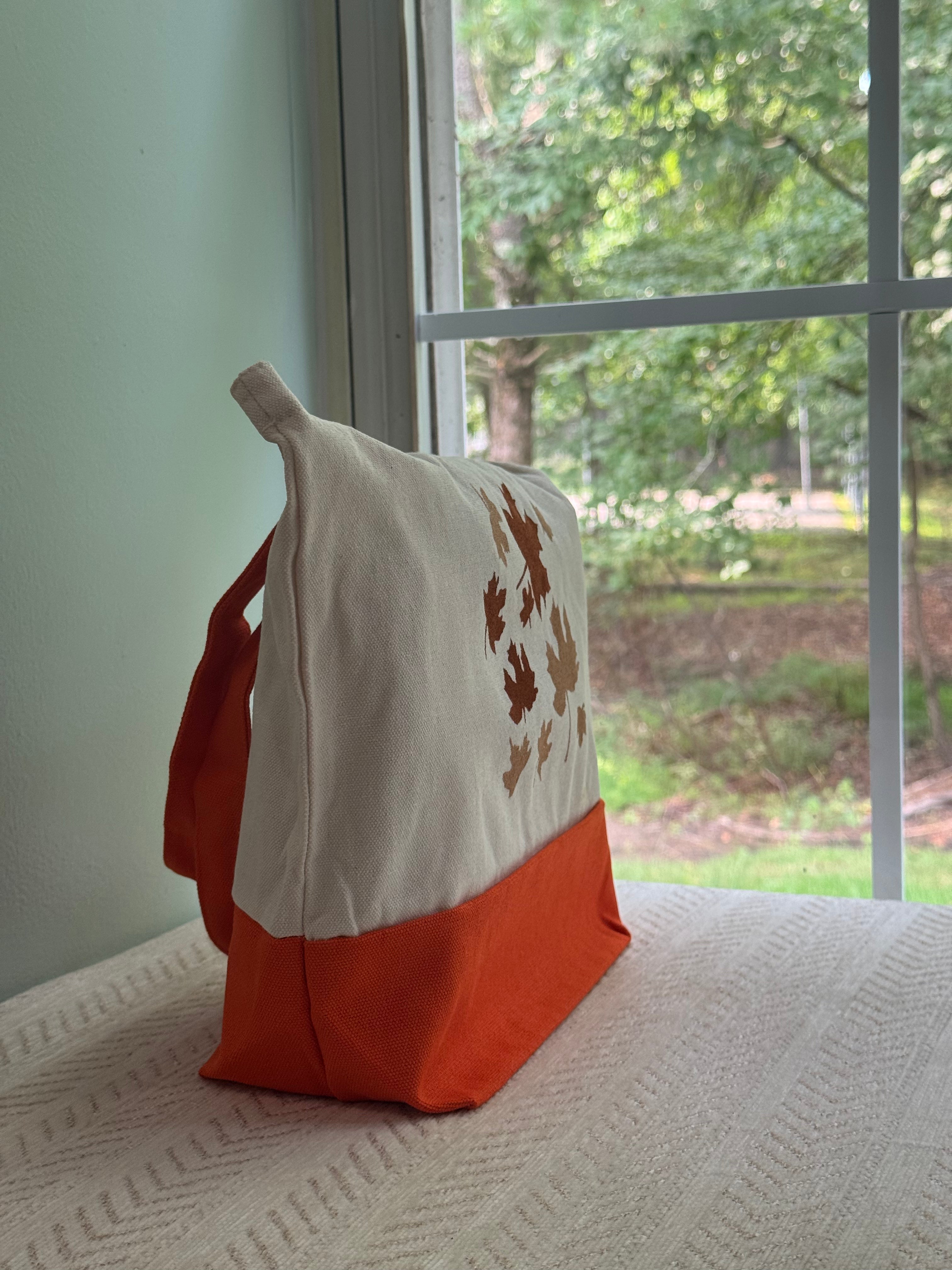Fall Vibe Canvas Tote Bag, Leaf Pattern & Orange Handles