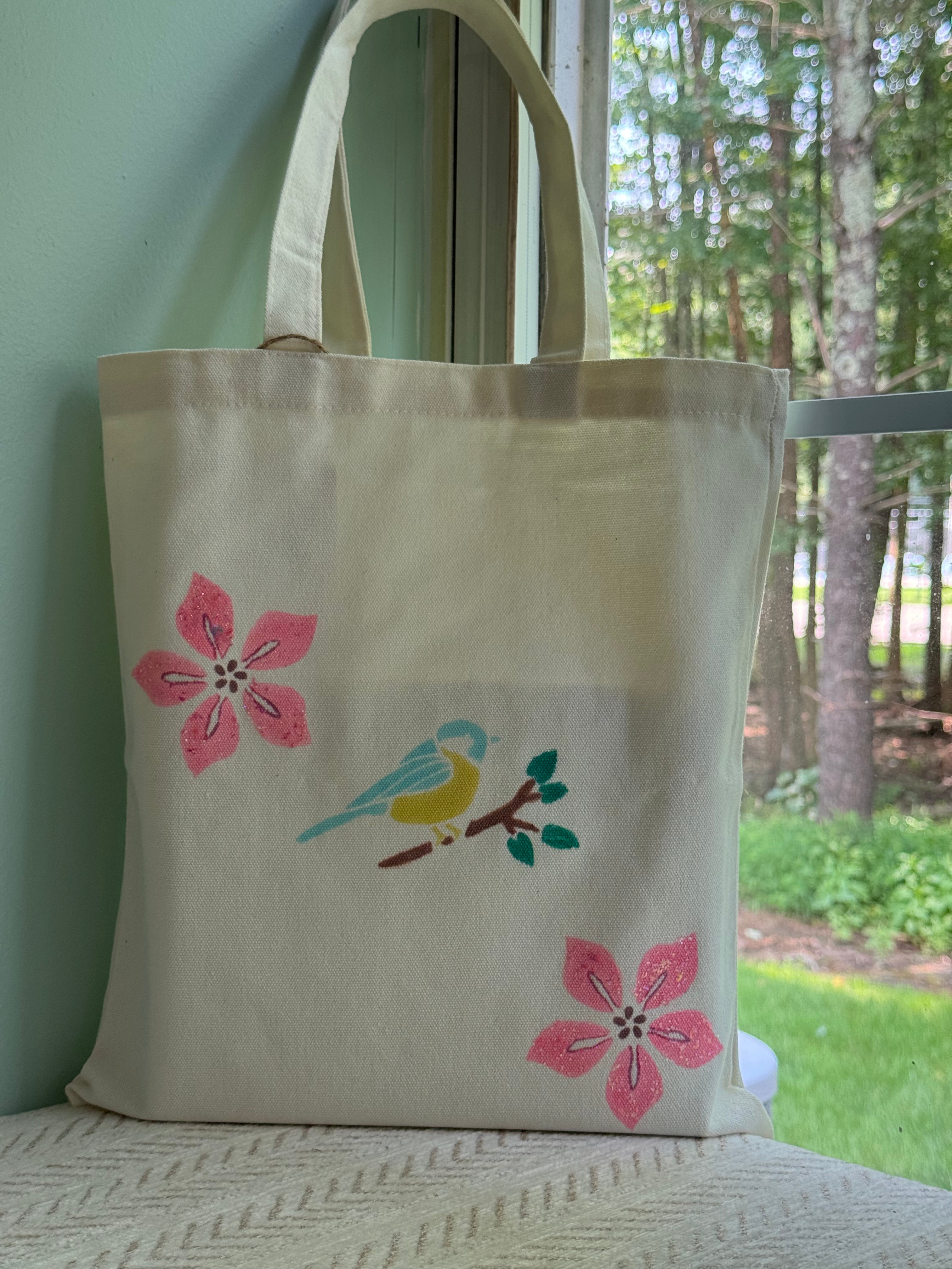 Songbird & Pink Floral Canvas Tote Bag