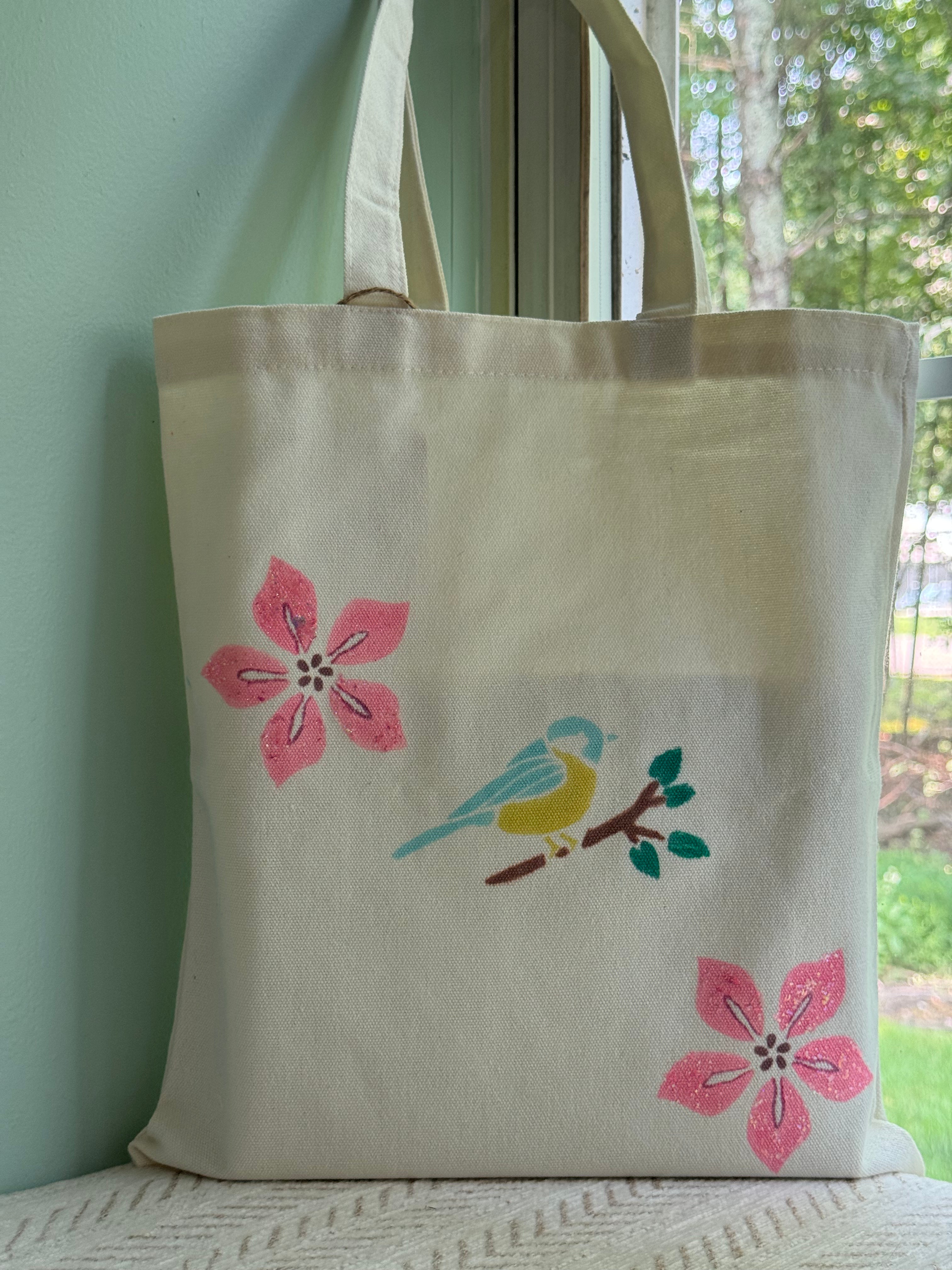 Songbird & Pink Floral Canvas Tote Bag