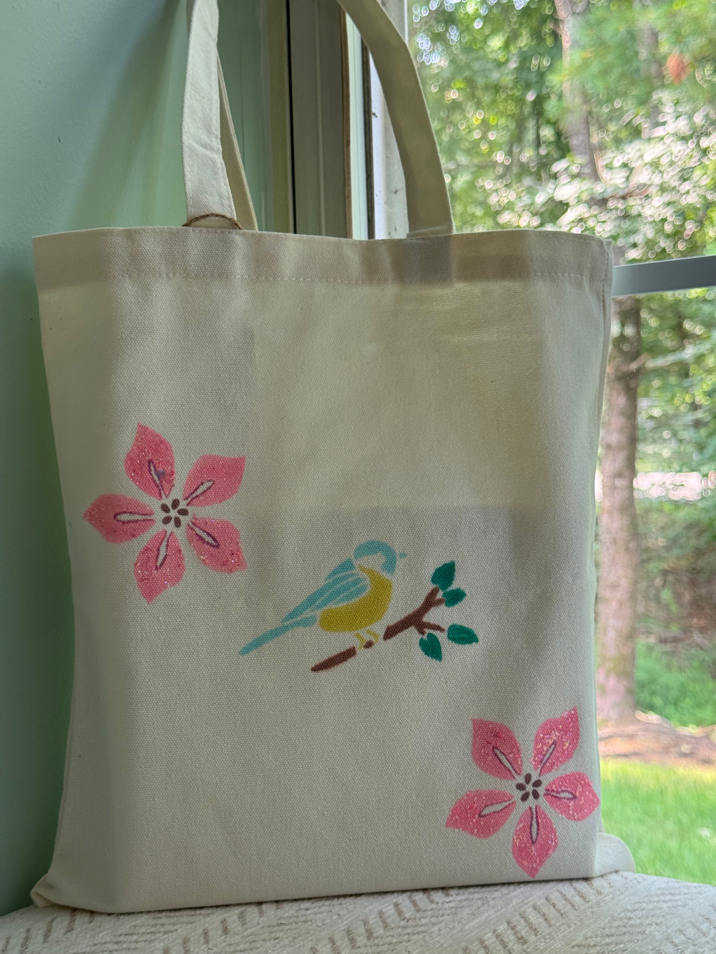 Songbird & Pink Floral Canvas Tote Bag
